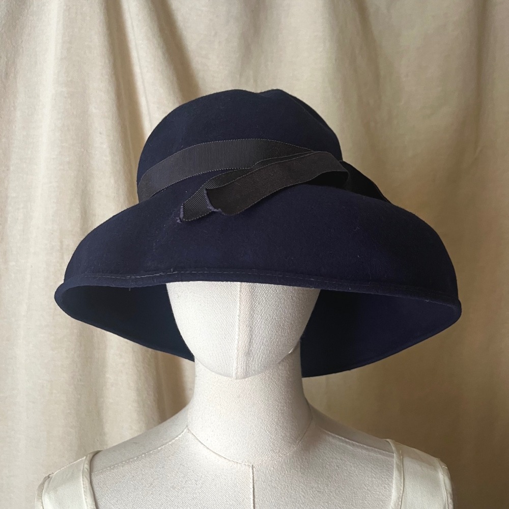 Vintage Ritz Navy Blue Wool Wide Brim Hat Grosgrain Ribbon Small